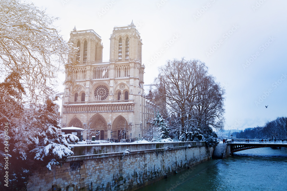 Fototapeta premium Seine river embankment and Notre-Dame in snow