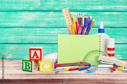 Blue  School Backpack on background. photo