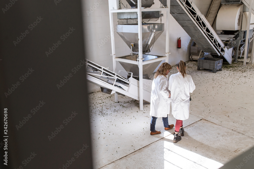 Two women with white coat working in a factory Two women with white coat working in a factory