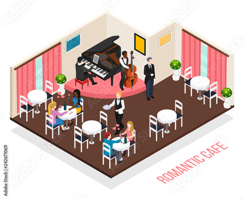 Musicians Romantic Cafe Isometric Composition