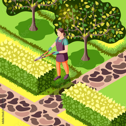 Landscaping Bushes Trimming Isometric Illustration