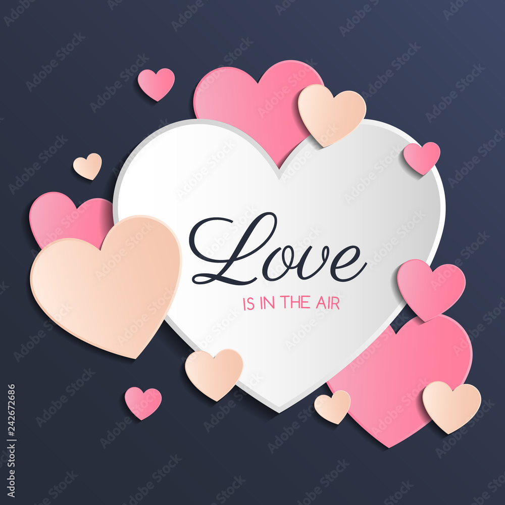 Concept of Valentine's Day greeting card with paper hearts. Vector