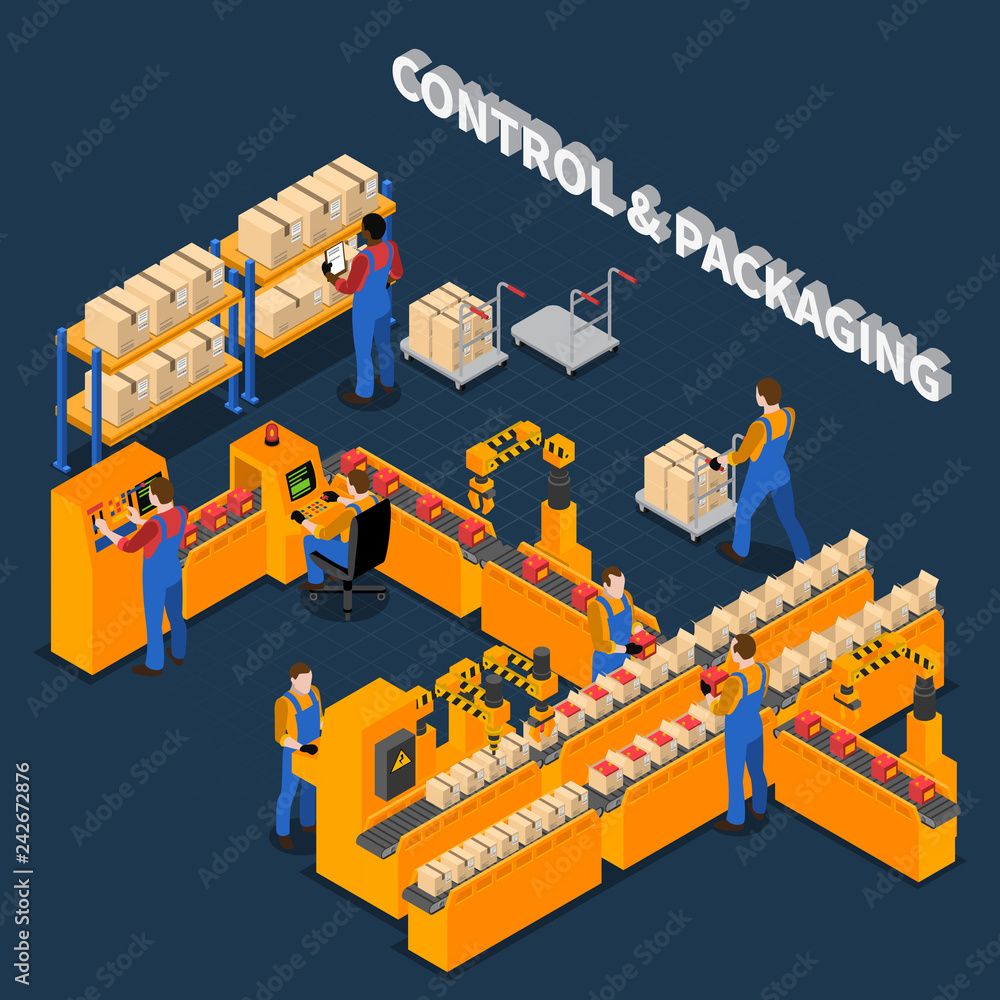 Packaging Factory Isometric Composition Packaging Factory Isometric Composition