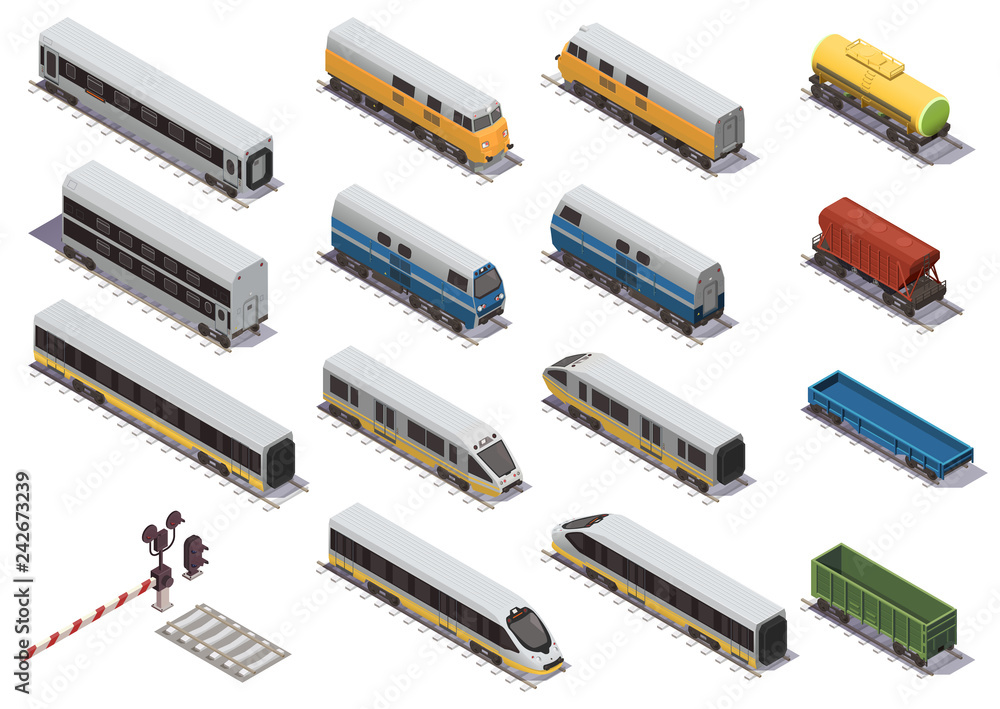 Obraz premium Zestaw izometryczny kolei pociągowej