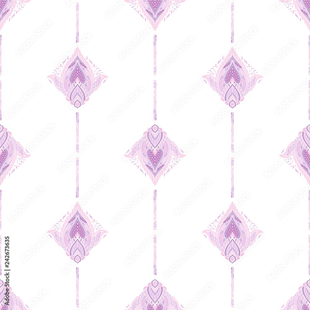 line Thai or Thai traditional ornament design with Boho tribal style petal leaf of lotus flower seamless pattern vector background purple tone color
