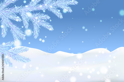 Background: Hello, Winter! Blue colors invitation flyer with 3d realistic effect snowdrift. Winter landscape clearance sale. © kriola