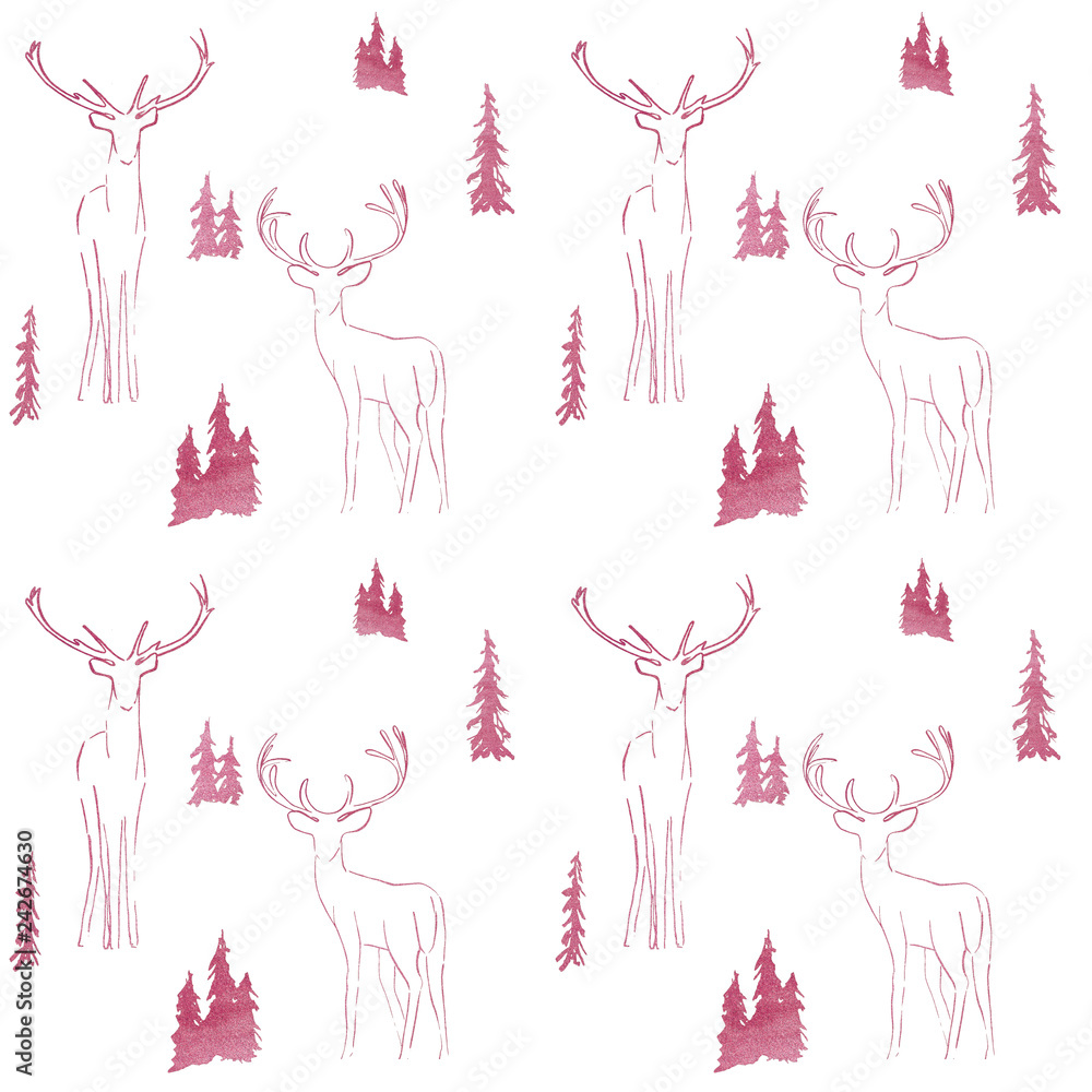 Obraz zimowy wzór z błyszczącymi jodłami i jeleniem w lesie