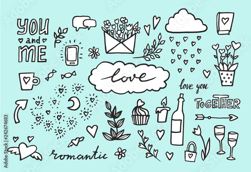 hand drawn romantic set of design elements. Vector illustration. doodle Wedding collection. Valentine hearts