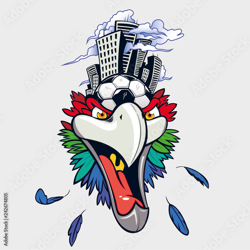 Parrot with a soccer ball and buildings on its head