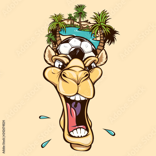 Camel with a soccer ball and palm trees on its head