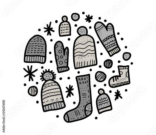 Warm socks, beanies set. Vector illustration.