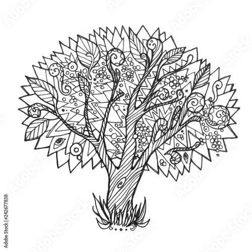 Hand drawn illustration. Doodle Tree on a white background. Nature element. Can be used as a coloring page, print or poster to "Day planting trees"