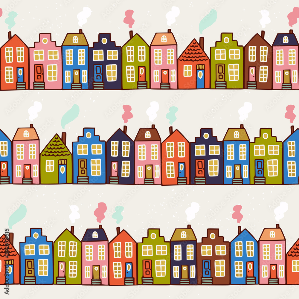 Cute colotful houses seamless pattern