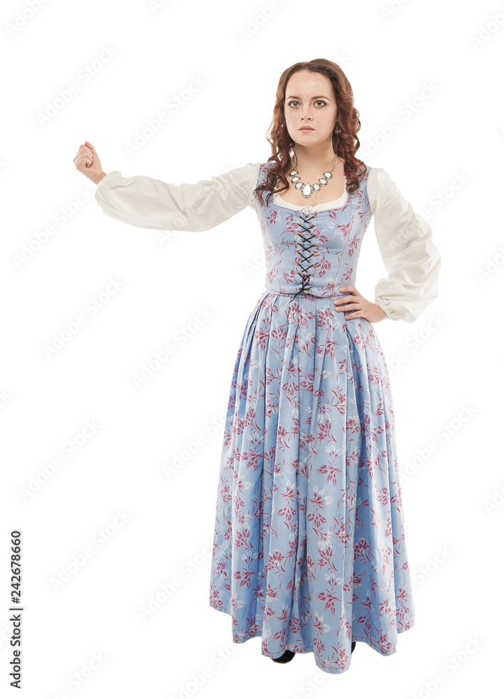 Young beautiful woman in long medieval dress holding something isolated Young beautiful woman in long medieval dress holding something isolated