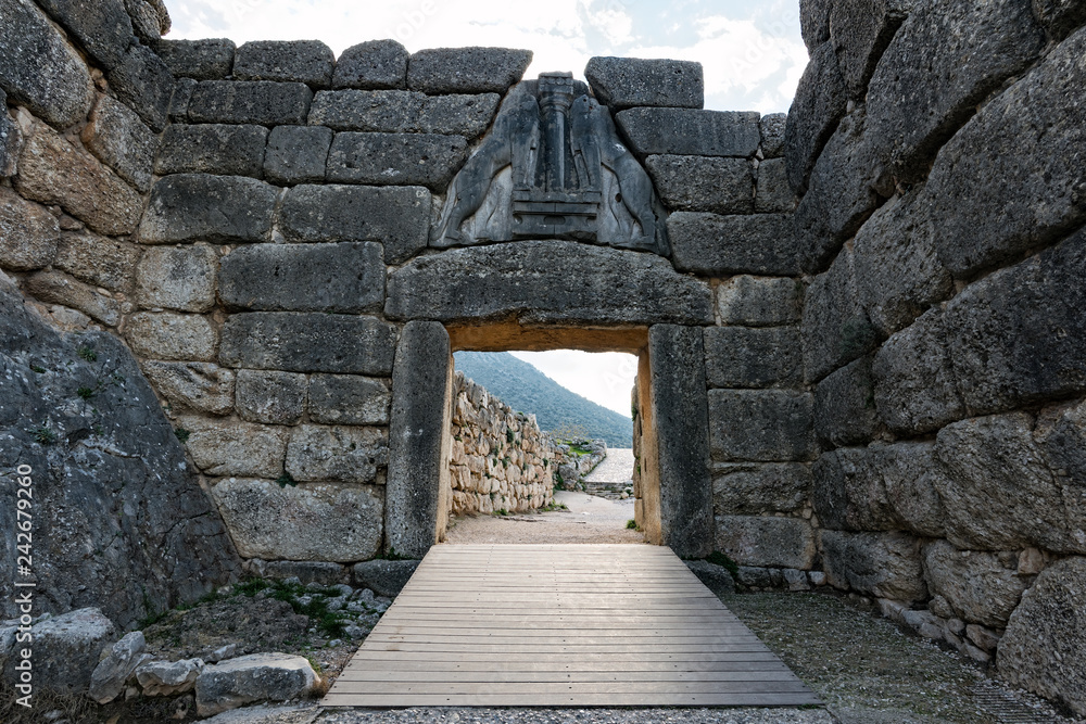 The famous Lion Gate, the main entrance of the Citadel at the archaeological site of .Mycenae in Peloponnese, Greece