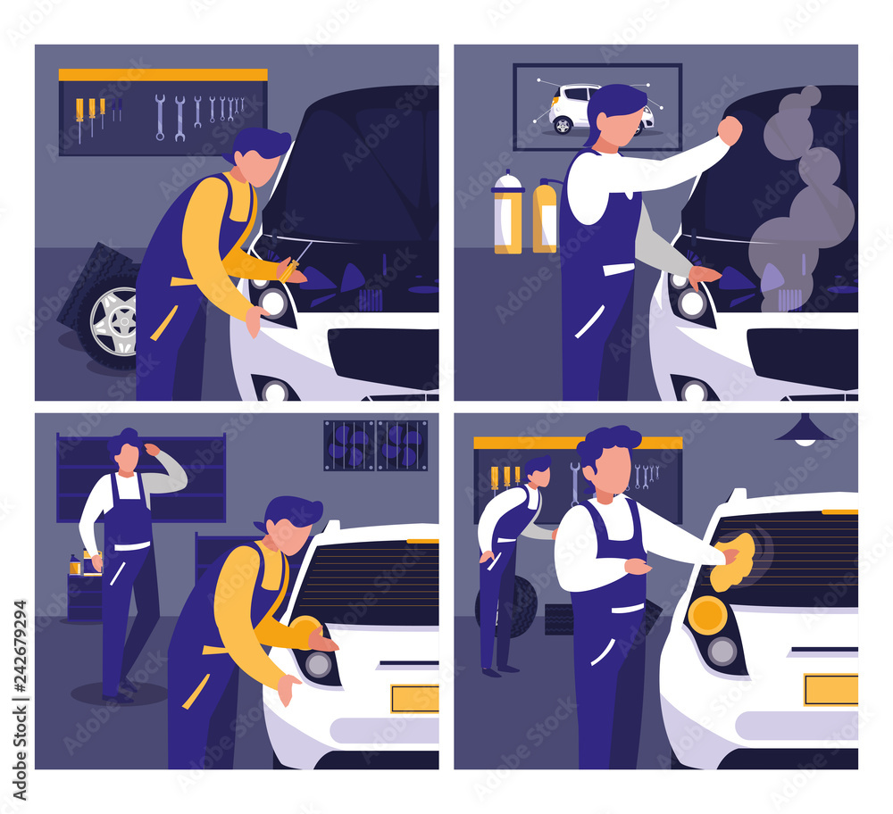 Fototapeta premium car in maintenance workshop with mechanics team