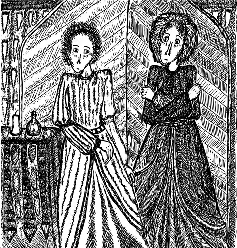 Vector illustration of two young witches