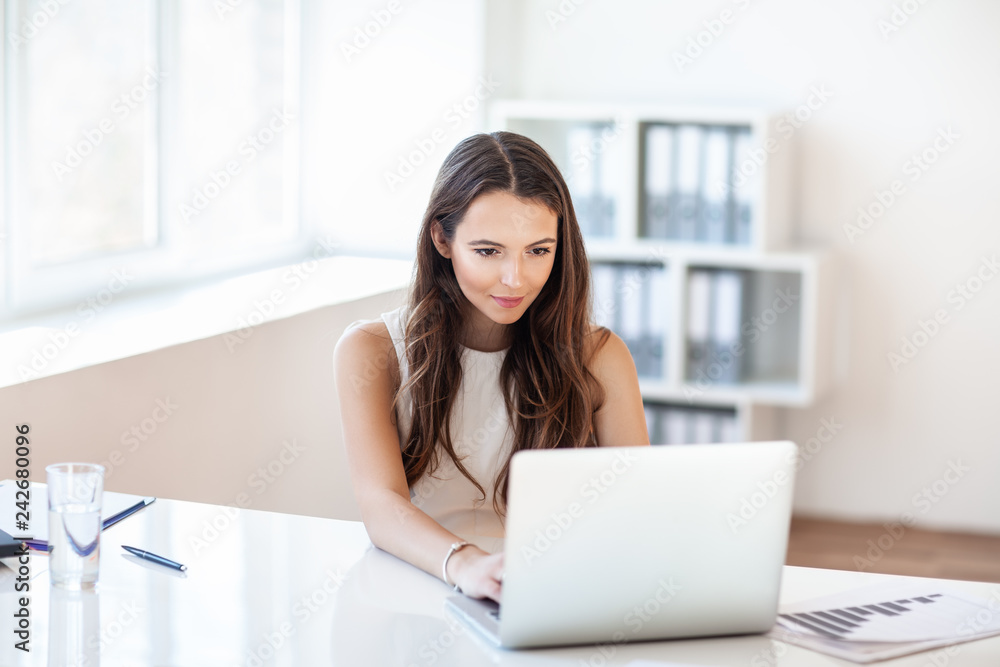 Beautiful business woman working on laptop in the office Beautiful business woman working on laptop in the office