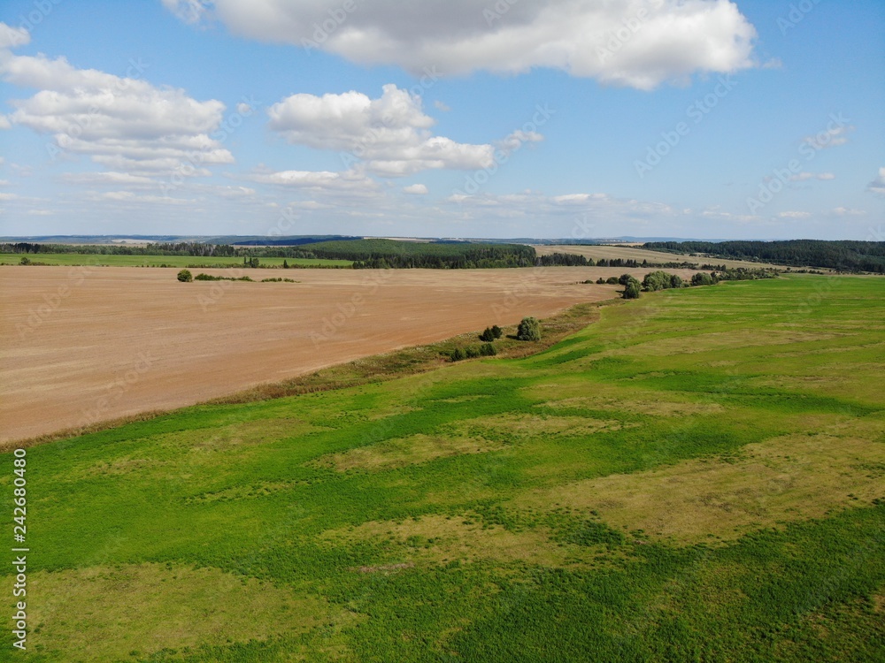 Fototapeta premium Top view of the fields and harvest. Shooting from the quadcopter. sunny day