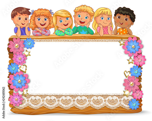 Cute kids on wooden board with blank papper banner