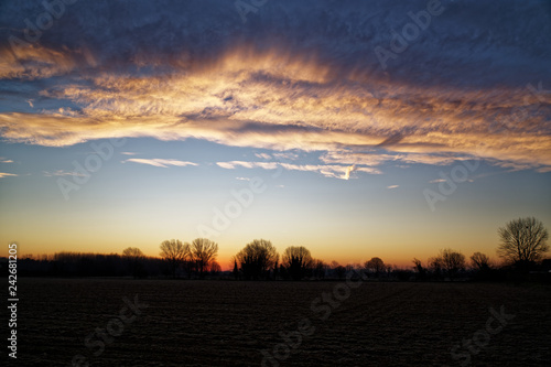 Sunrise in field with a cloudy sky