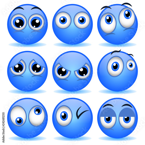 Cute blue face emoticon set.
