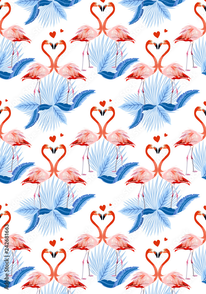Fototapeta premium Wedding marriage event invitation card template. Exotic flamingo and tropical palm leaves, plants, bird of paradise. Design element for card, poster, banner, and other use
