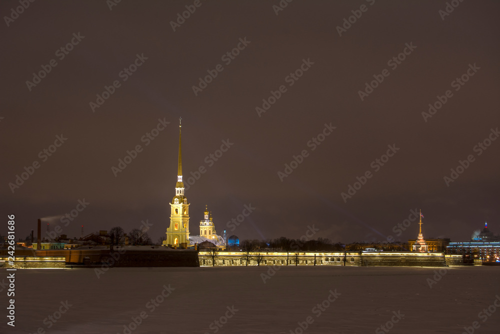Peter Paul fortress in St. Petersburg, Russia on winter night