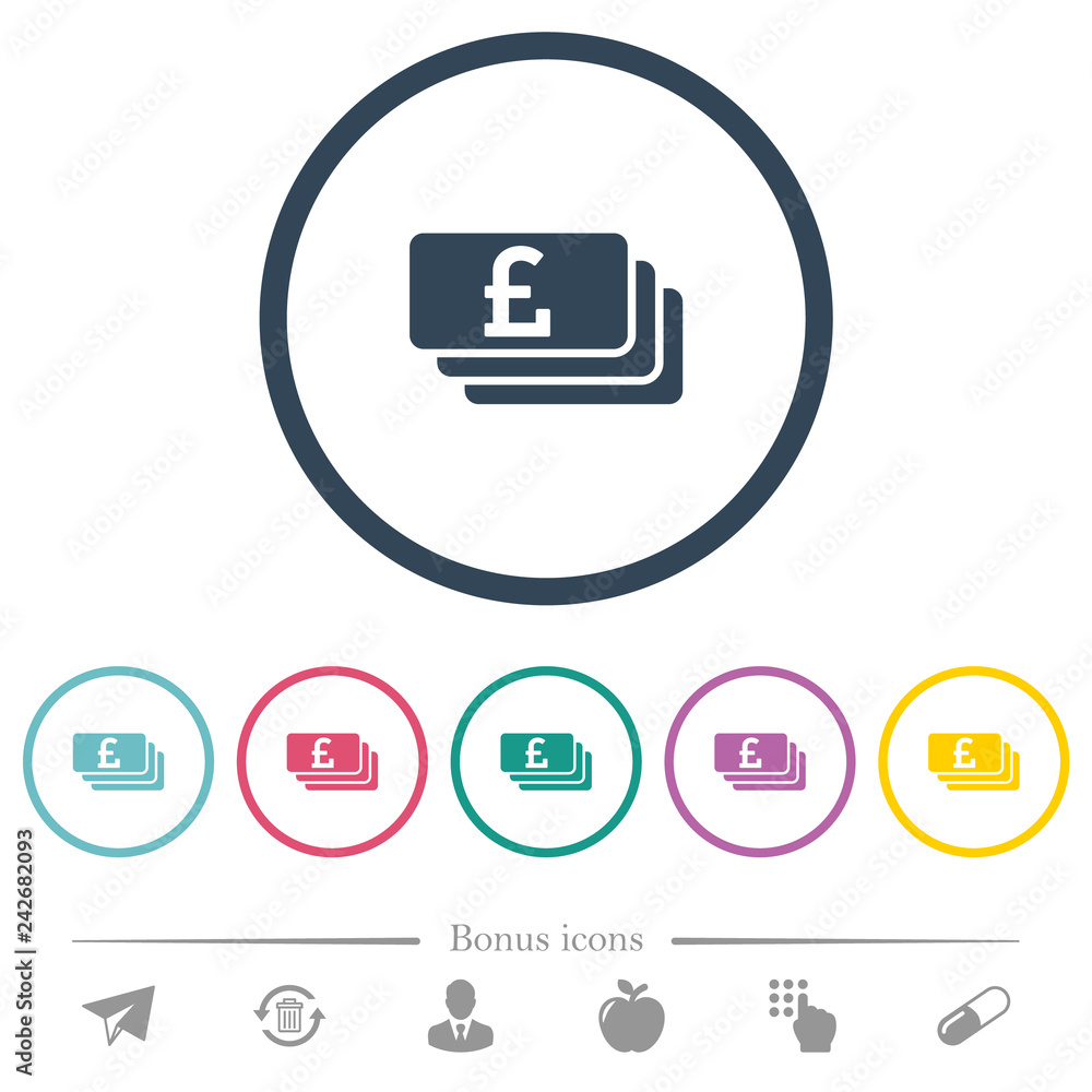 Pound banknotes flat color icons in round outlines Pound banknotes flat color icons in round outlines