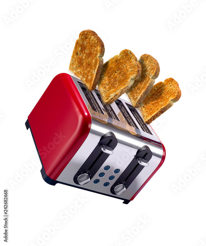 An angled toaster with four slices of toast popping out