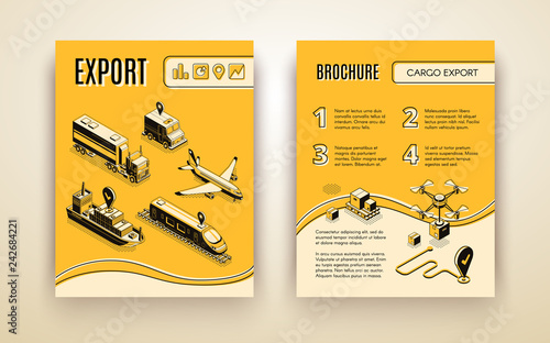 International shipping service, global trade and goods delivery company isometric vector brochure page layout design template with car, air, railroad, maritime freight transport line art illustration