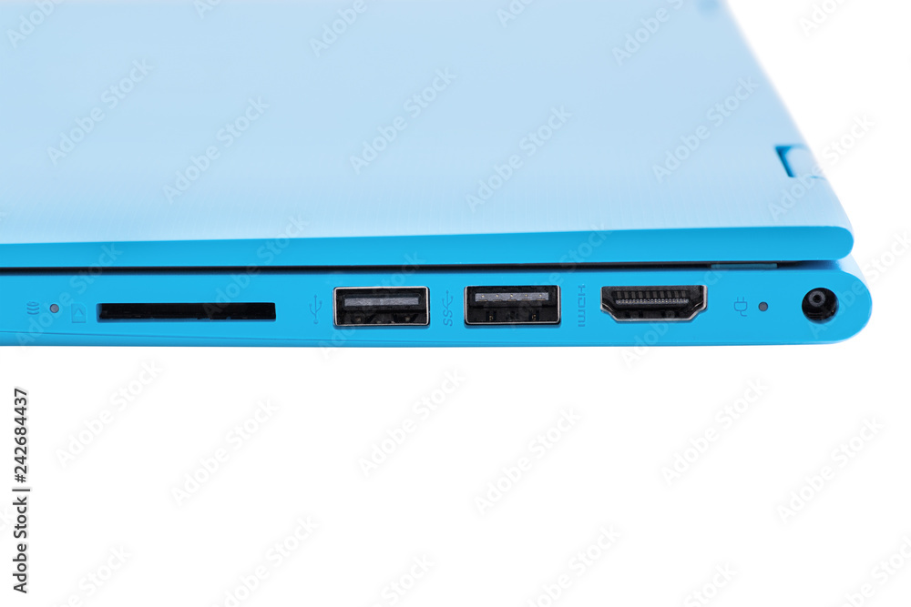 Part of the modern blue laptop with a power button, USB connector, headphone jack and volume buttons Part of the modern blue laptop with a power button, USB connector, headphone jack and volume buttons