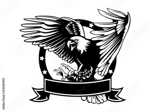 Eagle emblem isolated on white illustration. American eagle. Bird symbol of freedom and independence. Retro color logo of falcon.