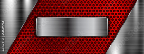 Metal background. Red perforated 3d texture with stainless steel elements