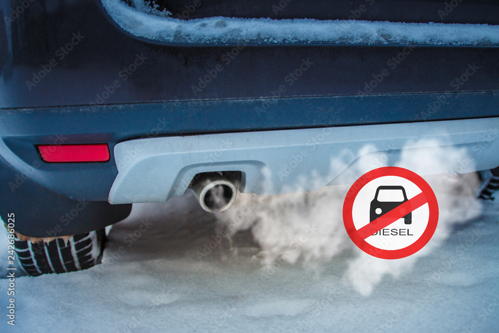 Fototapeta premium Diesel Prohibition ban on the movement of cars with diesel fuel Euro3, Street with transport in the blur and road sign close up