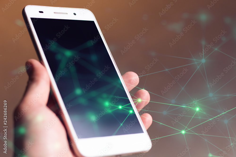 man pick mobile phone with blue background in business network telecom concept man pick mobile phone with blue background in business network telecom concept