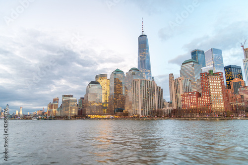 Sunset Manhattan skyline from a cruise ship, New York City