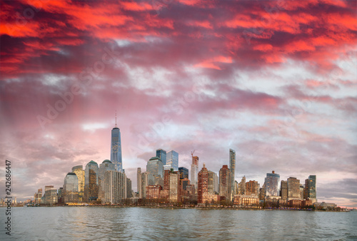 Downtown Manhattan skyline, panoramic view at sunset from a cruise ship