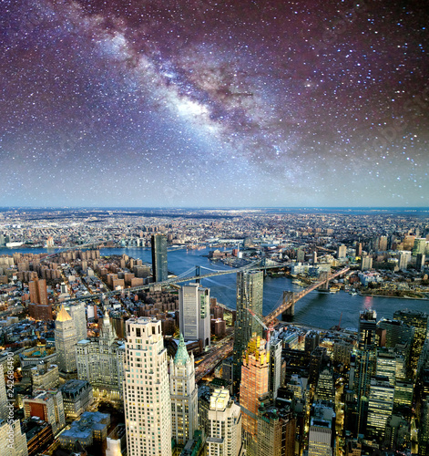 Brooklyn, Manhattan and Williamsburg Bridge at night, amazing aerial view of New York City - USA