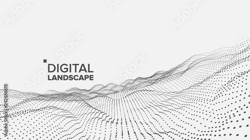 Abstract Landscape Vector. Particle Wireframe. Big Flow. Cyber Concept. Futuristic Graphic. Relief Structure. 3D Illustration