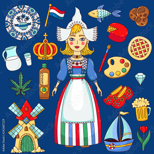 Holland Netherlands doodle cartoon vector icons symbols set