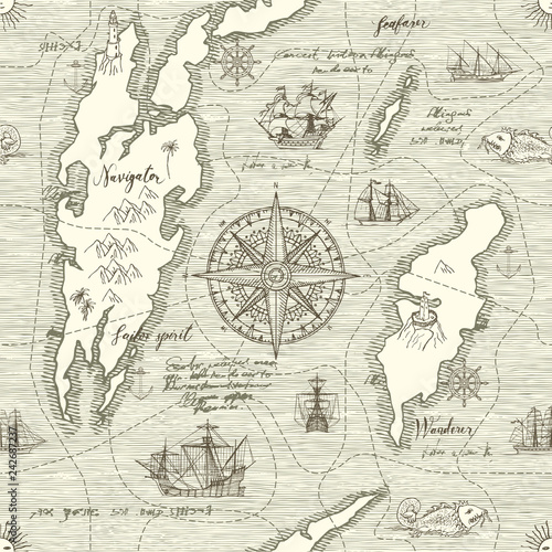 Vector abstract seamless background on the theme of travel, adventure and discovery. Old hand drawn map with vintage sailing yachts, wind rose, routs, nautical symbols and handwritten inscriptions
