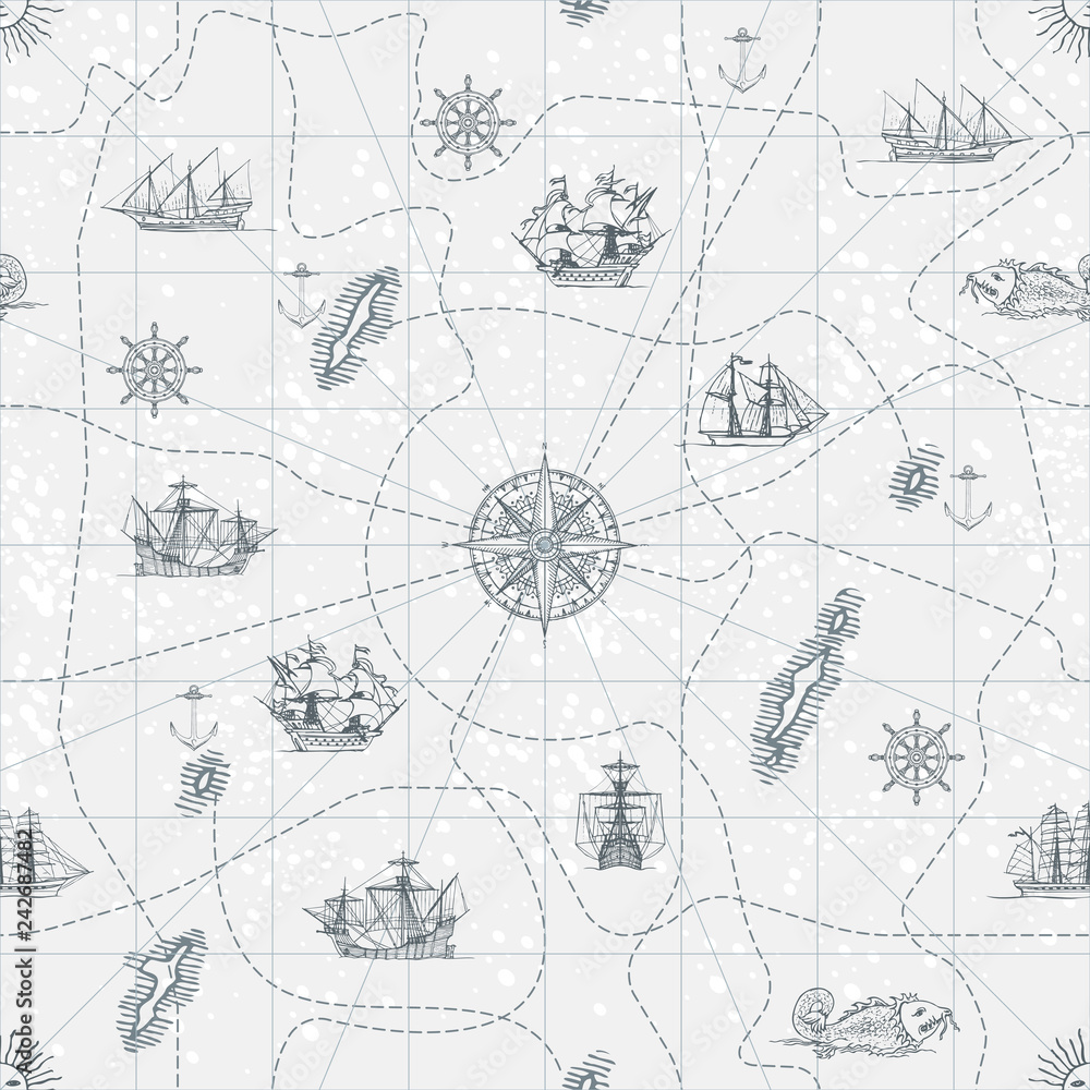Fototapeta Vector abstract seamless background on the theme of travel, adventure and discovery. Old hand drawn map with vintage sailing yachts, wind rose, routes and nautical symbols