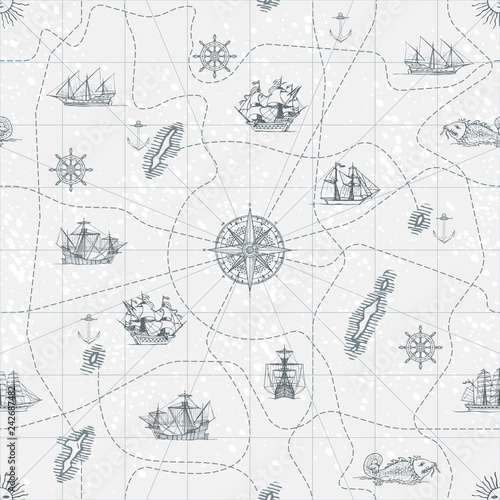 Vector abstract seamless background on the theme of travel, adventure and discovery. Old hand drawn map with vintage sailing yachts, wind rose, routes and nautical symbols