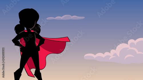 Silhouette illustration of super heroine girl wearing red cape against sky background for copy space.