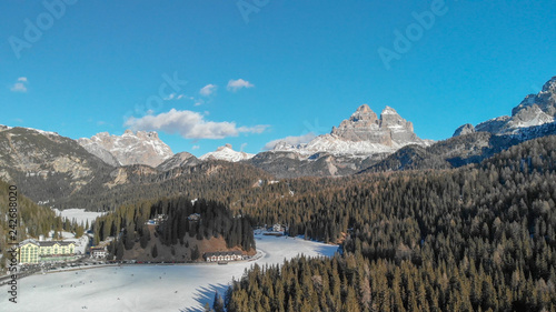 Mountains and valleys of Misurina, aerial view of italian alps