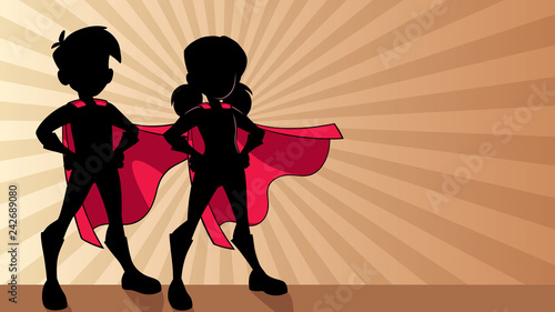 Silhouette illustration of super children wearing capes against ray light background for copy space.