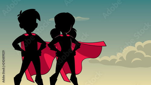 Silhouette illustration of superhero children wearing capes against sky background for copy space.