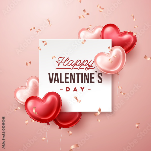 Valentines Day banner with heart shaped balloons. Holiday vector illustration banner