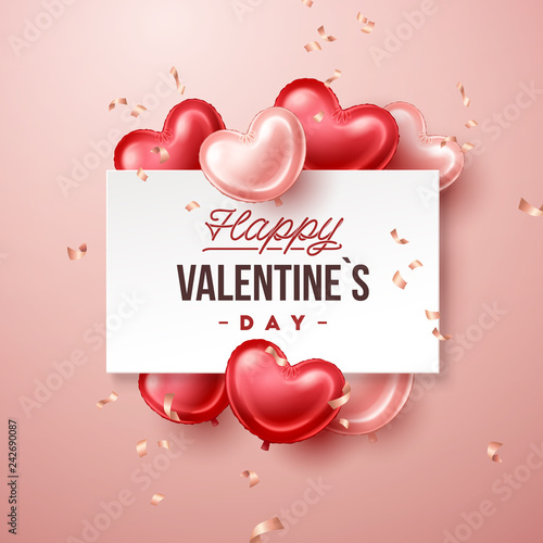 Valentines Day banner with heart shaped balloons. Holiday vector illustration banner